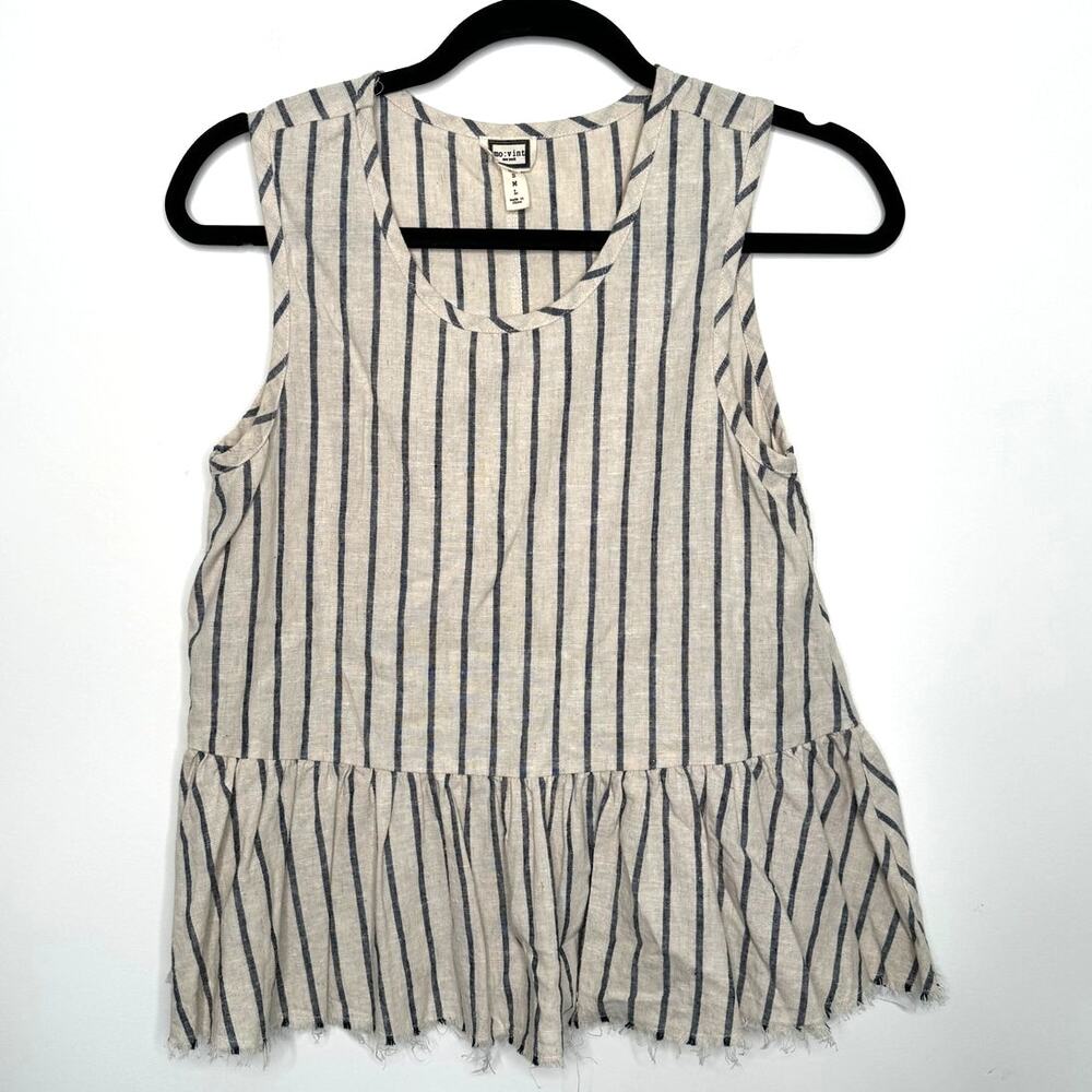 Mo:Vint New York Striped Linen Ruffled Raw Edge, Sleeveless Top, Size X-SMALL